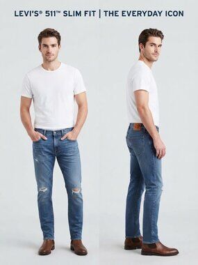 Levi's 511 Slim Fit Blue Denim Wash Men's Distressed Jeans - Size 28